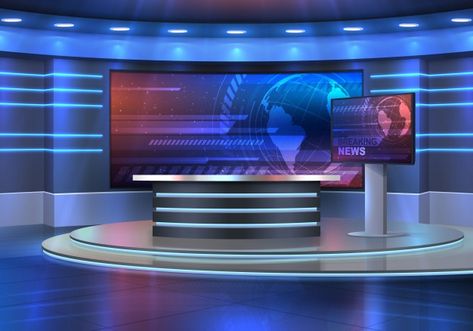 Studio interior for news broadcasting, ... | Premium Vector #Freepik #vector #background #map #blue #table Tv Broadcasting Background, Newscaster Background, Tv Broadcasting Studio Background, Gacha News Background, News Reporter Background, Reporter Background, Tv News Background, Broadcasting Studio Background, News Background Studio