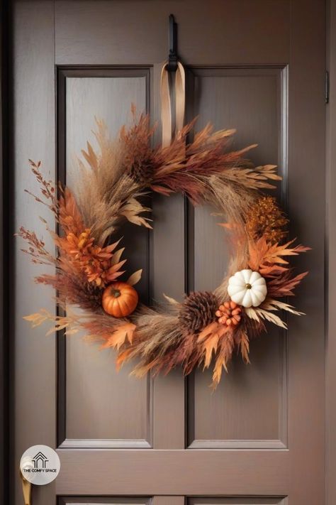 Explore modern fall wreath designs that are simple yet elegant. Perfect for a contemporary touch this autumn!#ModernDecor #FallWreath #DIYProjects #HomeDesign #AutumnStyle Autumn Entrance Decor, Boho Fall Wreath Diy, Fall Wreath Ideas Diy, Thanksgiving Wreaths Diy, Modern Fall Wreath, Pumpkin Porch Decor, Diy Fall Wreath Ideas, Unique Place Cards, Easy Thanksgiving Table Decor