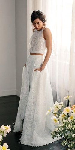 On Trend: 24 Bridal Separates And#8211; Breaking The Rules ★ See more: https://www.weddingforward.com/breaking-the-rules-bridal-separates/2 Ivory Prom Dresses, Two Piece Wedding Dress, Wedding Dresses Uk, Open Back Wedding, Open Back Wedding Dress, Wedding Dress With Pockets, Bridal Separates, Back Wedding Dress, Prom Dresses Two Piece