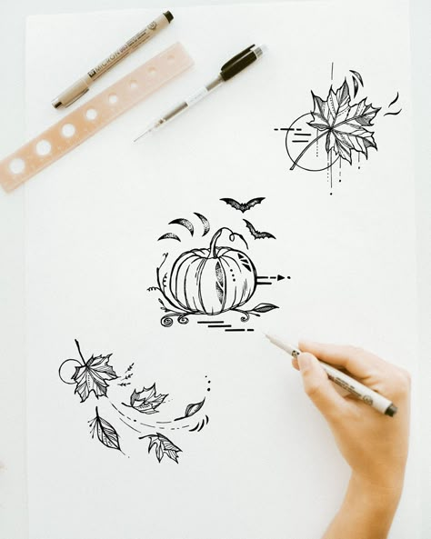 Autumn tattoo - leaves, Halloween, pumpkin line-drawing artwork delicate small tiny tattoo idea Tattoos For Fall Lovers, Cute Fall Tattoos Ideas, Pumpkin With Vines Tattoo, Halloween Leaf Tattoo, Autumn Leaves Tattoo Design, Autumn Tattoo Black And White, Fall Leaves Line Art, Fallen Leaves Tattoo, Fall Lover Tattoo