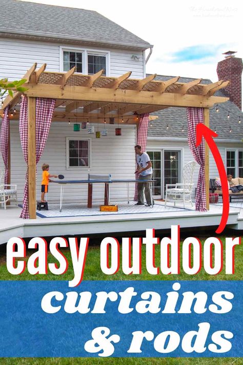 Easy Outdoor Curtains and Curtain Rods For Your Patio, Porch or Pergola! Outdoor curtains can give your outdoor living space a high-end look, and with this DIY, you won't break the bank! #outdoorcurtains #outdoorcurtainsforpatio #outdoorcurtainsforpatiodiy #outdoorcurtainsforporch #outdoorcurtainsdiy #outdoorcurtainsfordeck #outdoorcurtainsforpergola #outdoorcurtainrods ##outdoorcurtainroddiy #outdoorcurtainrodsforporch #outdoorcurtainrodsforpergola #outdoorcurtainrodsforpatio Deck Curtains, Outside Curtains, Outdoor Curtain Rods, Gazebo Curtains, Pergola Outdoor, Diy Curtain Rods, Outdoor Curtains For Patio, Diy Curtain, Porch Curtains