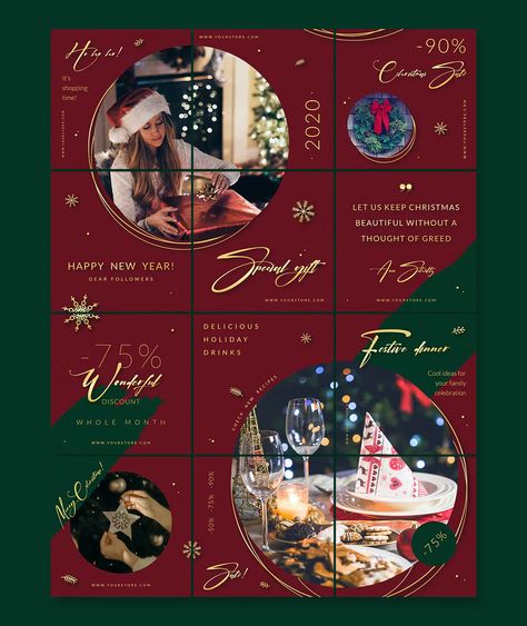 Christmas Instagram Puzzle Template PSD Christmas Theme Social Media Post, Social Media Advent Calendar, Christmas Content Ideas Instagram, Christmas Feed Instagram, Business Banner Design, Christmas Instagram Post, Banner Design Templates, Christmas Social Media, Instagram Puzzle Template