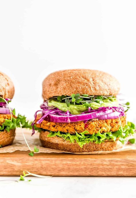 Whole Food Plant Based Burgers - Monkey and Me Kitchen Adventures Sweet Potato Burger, Vegan Burger Recipes, Vegan Bean Burger, Potato Burger, Monkey And Me, Wfpb No Oil, Monkey And Me Kitchen Adventures, Recipe Sweet Potato, Vegetarian Burgers