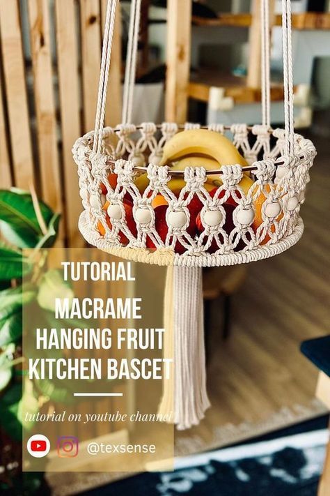 Hi, dears! 😍 Macrame hanging fruit kitchen bascet will fit perfectly in the living room or kitchen, especially in a scandi-style home, for example. looks very nice😊 Tutorial on my YouTube channel TEXSENSE 🎥 #macrame #homedecor #roundbascet #bascet #macramebascet #diybascet #ecohomedecor #bohodesign #kitchenbascet #bohointerior #kitchen #ikea #cozy #fruitbascet #kitchendecor Crochet Plant Holder, Fruit Baskets Diy, Crochet Plant Hangers, Diy Macrame Plant Hanger Easy, Hanging Baskets Diy, Diy Macrame Plant Hanger Pattern, Diy Macrame Plant Hanger Tutorials, Macrame Round, Hanging Fruit Basket