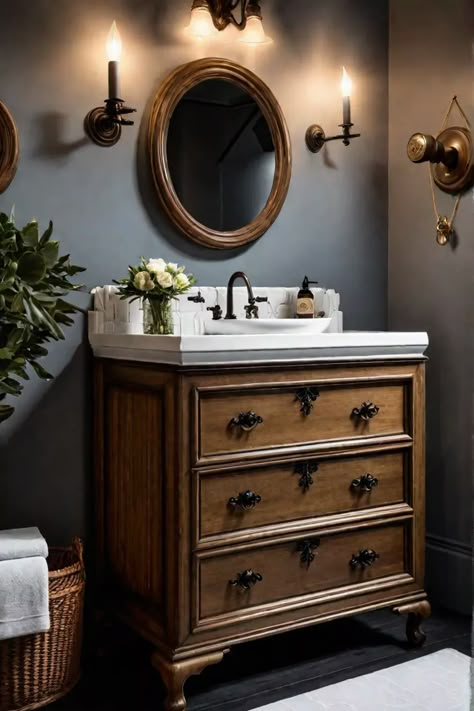 Repurposed dresser vanity Bathroom Vanity Looks Like Furniture, Bathroom Sink Dresser Vanity, Vintage Dresser Vanity Bathroom, Bathroom Cabinet Vanity Ideas, Bathroom With Dresser Vanity, Old Dresser As Bathroom Vanity, Turn A Dresser Into A Vanity, Antique Wash Stand Bathroom Vanity, Vintage Wood Bathroom Vanity