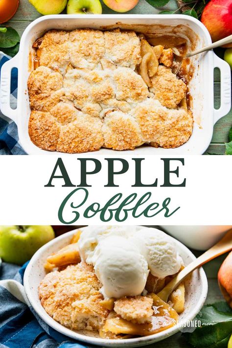 Apple season in the mountains of Virginia means apple butter on cornbread, jars of homemade applesauce, apple crisp, apple pie, and of course -- this old-fashioned apple cobbler recipe! With a warmly spiced fresh fruit filling, buttery biscuit crust, and vanilla ice cream on top, it's one of autumn's most delicious desserts! Apple And Peach Recipes, Can Apple Pie Filling Recipes Easy, Homemade Apple Cobbler, Apple Cobbler Easy, Deep Dish Apple Pie, Apple Biscuits, Biscuit Crust, Apple Cobbler Recipe, Frozen Biscuits