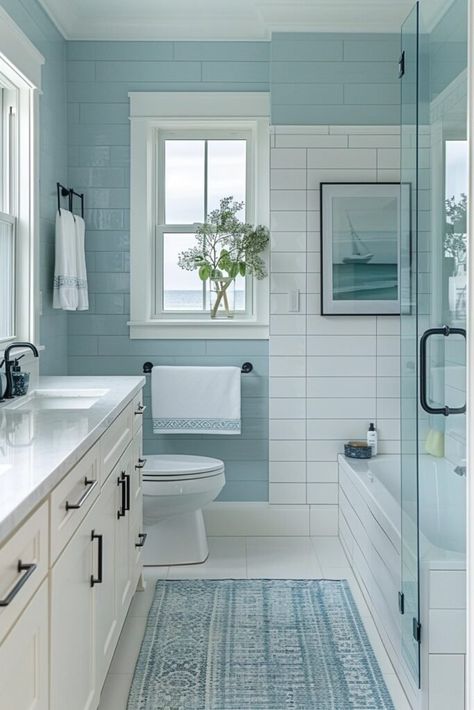 Primary Bathroom Remodel Ideas, Cozy Coastal Bathroom, Seaside Bathroom Ideas, Modern Coastal Bathroom Ideas, Blue Coastal Bathroom, Ocean Blue Bathroom, Coastal Blue Bathroom, Baby Blue Bathroom, Blue Master Bath