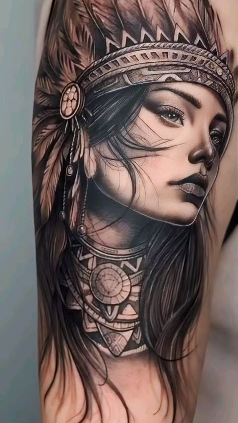 Native American Tattoos Cherokee, Tattoo Indien, Indian Women Tattoo, Cherokee Indian Tattoos, Coloured Rose Tattoo, Wolf Girl Tattoos, Native American Tattoo Designs, Indian Tattoo Design, Headdress Tattoo