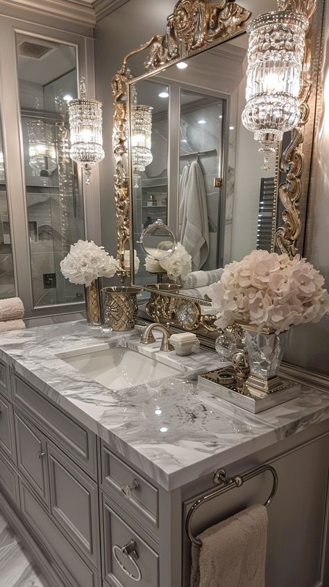 15 Gorgeous Bathroom Vanity Designs To Upgrade Your Space - Planted Shack Remodel Guest Bathroom Ideas, Modern Glam Bathroom Ideas, Old Money Bathroom Aesthetic, Glam Bathroom Decor Luxury, Royal Bathroom Aesthetic, Bling Bathroom Ideas, Elegant Half Bathroom Ideas, Glamour Bathroom Ideas, Fancy Bathroom Luxury