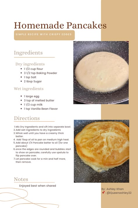 Recipe with ingredients and instructions in photo. No link. Simple and delicious. How To Make Homemade Pancakes Recipes, How To Make Home Made Pancakes Recipes, How To Make Pancakes With Crispy Edges, Simple Pancake Mix Recipes, Homemade Breakfast Pancakes, Pancake Recipes Homemade, How To Make Homemade Pancake Batter, How To Make Pancakes With Flour, 1 Egg Pancake Recipe