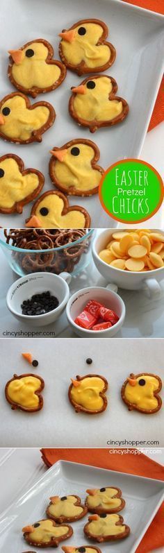 Easter Pretzel Chick Treats DIY Easter Pretzel, Easter Appetizers Easy, Easter Fun Food, Food Easter, Easter Dishes, Easter Appetizers, Dessert Treats, Easter Snacks, Easter Sweets