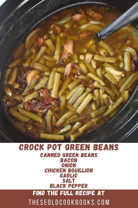 These crock pot green beans feature bacon, onion and a handful of seasonings. By using canned green beans, these can be heated through in the crock pot and ready to feed a crowd...or a large family! Croc Pot Green Beans, Barbecue Green Beans Crock Pot, Crock Pot Cooking For A Crowd, Crock Pot Bacon Green Beans, Crock Pot Southern Green Beans, Canned Green Beans Crockpot, Green Beans Potatoes And Bacon Crock Pot, Slow Cooker Canned Green Beans, Canned Green Beans Crockpot Recipes