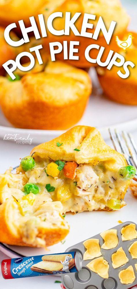 Chicken Pot Pie Cups Recipe- easy individual serving chicken pot pies. Finger food dinner meal idea for winter time. Easy meal for families. Crescent dough meal idea. Muffin tin dinner idea. Turkey pot pie cups too Turkey Pot Pie Muffin Tin, Muffin Chicken Pot Pie Recipe, Turkey Pot Pie Crescent Rolls, Individual Turkey Pot Pies, Pilsbury Cresent Roll Chicken Pot Pie, Turkey Pot Pie Recipe Easy Crescent Rolls, Chicken Pot Pie With Biscuits Muffin Tin, Mini Chicken Pot Pie Muffins, Easy Chicken Pot Pie With Crescent Rolls