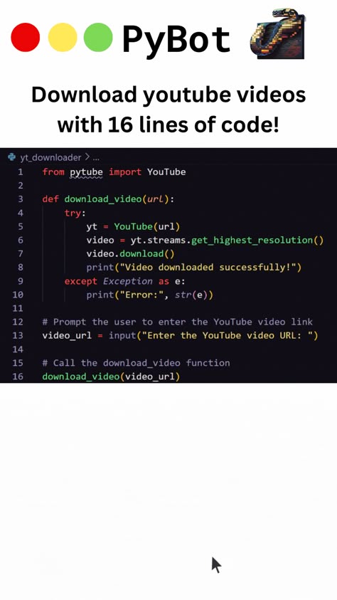 Easy youtube video downloader with the Pytube library in 16 lines of code. React below for code ideas or collabs! | PyBot Programing Jokes, Python Coding, Python Code, Basic Computer Programming, Web Development Programming, Computer Science Programming, Coding Lessons, Css Tutorial, Data Science Learning