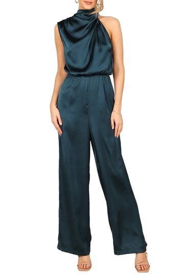 This glamorous satin jumpsuit is designed with soft bodice pleats and a sleek cutaway shoulder. Back keyhole with button-and-loop closure Mock neck Sleeveless Unlined 95% polyester, 5% elastane Hand wash, dry flat Imported Officiant Attire, Jumpsuits For Women Formal, Semi Formal Wedding Attire, Cocktail Jumpsuit, Bridesmaids Jumpsuits, Formal Wedding Attire, Jumpsuit For Wedding Guest, Rehearsal Dinner Outfits, Coverall Jumpsuit