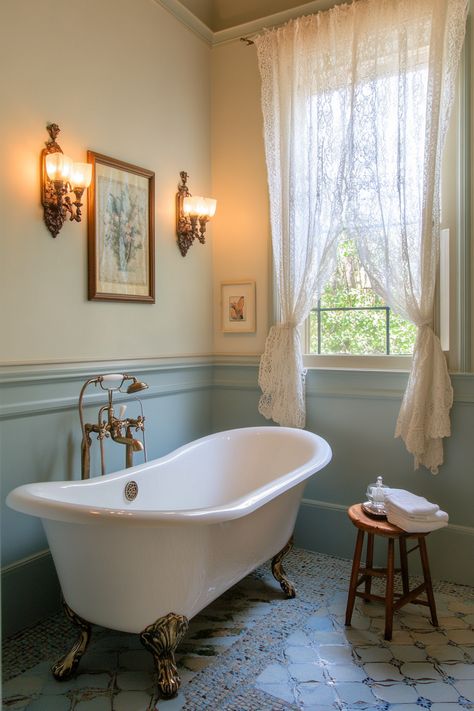 This vintage-style, clawfoot tub creates a serene and luxurious escape in your home. Discover how antique fixtures and lacy curtains can provide modern bathroom ideas for an elegant yet classic design. #BathroomInspo #VintageVibes