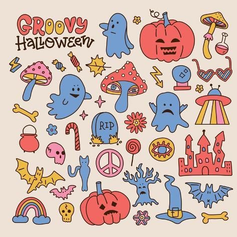 size: 16x16in Photographic Print: Retro 70S 60S Hippie Groovy Halloween Set. Funny Spooky Ghost Pumpkin Flower Hippy Emotional Elemen by Svetlana Shamshurina : Hippie Pumpkin, Retro Halloween Aesthetic, Spooky Halloween Art, Spooky Doodles, Circus Tattoo, Sketch Creative, Fall Moodboard, Graffiti Flowers, Groovy Halloween