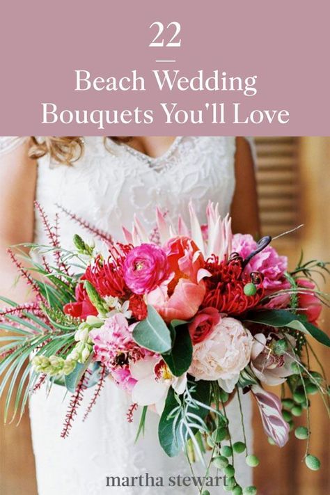 These are some of our favorite beach wedding bouquets to inspire your own. You'll find that each arrangement, from minimalistic clutches with neutral color palettes to bold sprays in brilliant hues, stirs up dreams of coastal paradise. #weddingideas #wedding #marthstewartwedding #weddingplanning #weddingchecklist Spring Beach Wedding Flowers, Beach Bouquet Wedding, Flowers For Beach Wedding, Beach Wedding Bouquet Ideas, Beach Wedding Florals, Beach Bridal Bouquet, January Wedding Flowers, Beach Wedding Bouquet, Beach Bouquet