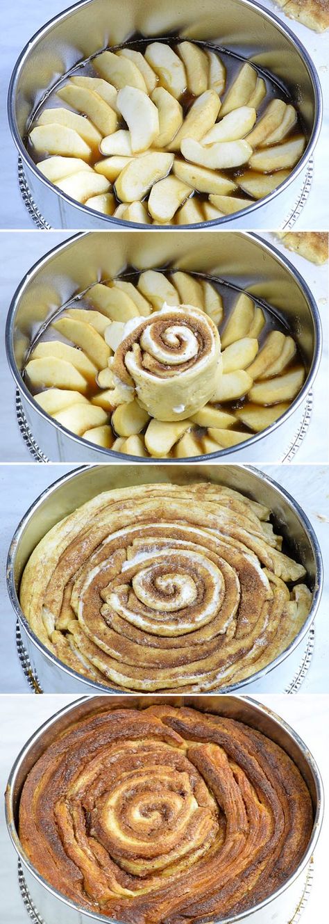 Four steps of preparation Upside Down Apple Cinnamon Roll Cake . Apple Cinnamon Roll Cake, Homemade Caramel Sauce, Cinnamon Roll Cake, Cinnamon Recipes, Ooey Gooey, Homemade Caramel, Roll Cake, Apple Desserts, Fresh Apples