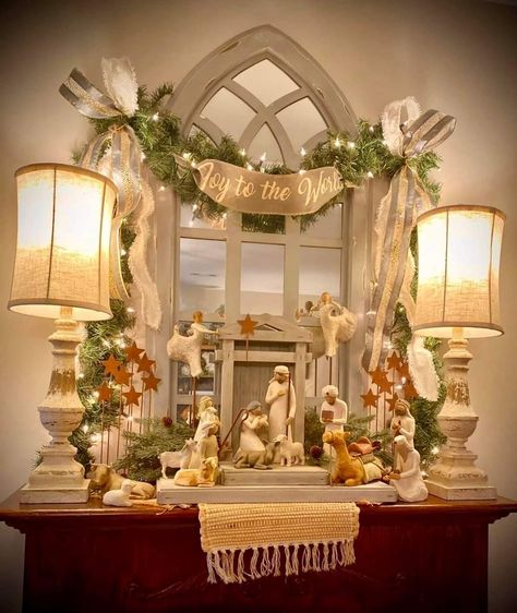 Willow Nativity Display Ideas, Willow Tree Figurines Display Ideas, Willow Tree Nativity Display Ideas, Christmas Nativity Scene Display, Nativity Scene Display, Willow Tree Nativity, Church Christmas Decorations, Christmas Nativity Set, Christmas Mantle Decor