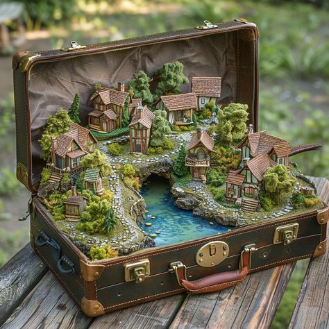 Prompt 👉open leather old suitcase standing on a wooden table, environmental art, magical village, highly detailed model, with miniature covered lake, cottagecore!!!, Benjamin Grandson, in miniature hyper-realistic clay animation, Rivendell, highly detailed town, made of clay, photorealism, magical town, in a suitcase] 👉 if Like, please Follow and Share AI Graphics Studio 👇Contact on WhatsAPP: http://tiny.cc/aigraphicsstudio #aigraphicsstudio #AI #DigitalMarketing #digitalartist #digitalart ... Model Village Diy, Miniature Town Diy, Miniature Town, Dojo Ideas, Magical Village, Clay City, Clay Animation, Night Cafe, Bookshelf Art