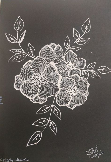 Floral Pen Drawing, Drawings With White Pen, White Gel Pen On Black Paper, White Gel Pen Drawings On Black Paper, Painting With White Pen, White Flower Drawing On Black Paper, White Pen Black Paper Drawings, Black And White Simple Paintings, White Paint Pen Art