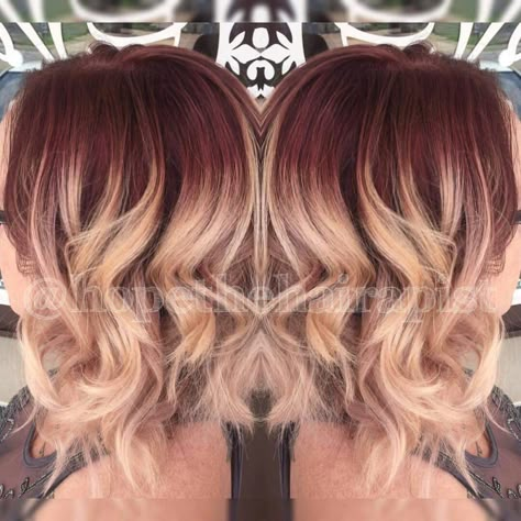 Vanity hair salon in Alton Mo. Red violet shadow root! Maroon Roots Blonde Hair, Red Shadow Root Blonde Balayage, Burgundy Shadow Root, Blonde With Red Roots, Red Root Melt, Red Roots Blonde Hair Balayage, Red Shadow Root Blonde, Shadow Root Red, Red Hair With Shadow Root