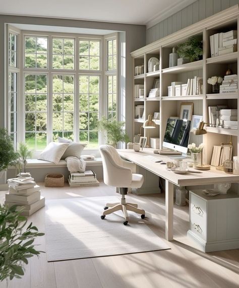 Home Office / Library, Study Room Library Office Ideas, Parisian Study Room, Create An Office Space In Living Room, Mediterranean Home Office Ideas, Small Home Office With Window, Cottage Home Office Ideas, Library And Office Room, Home Office With Library