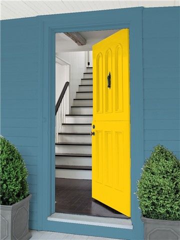 Look at the paint color combination I created with Benjamin Moore. Via @benjamin_moore. Door: Sunshine 2021-30; Exterior Wall & Trim: Azurite CW-670. Color Combinations Paint, Cottage Painting, Choosing Paint, Email Blast, Window Grill, Wall Trim, Paint Colour, Let Me Go, Popular Colors