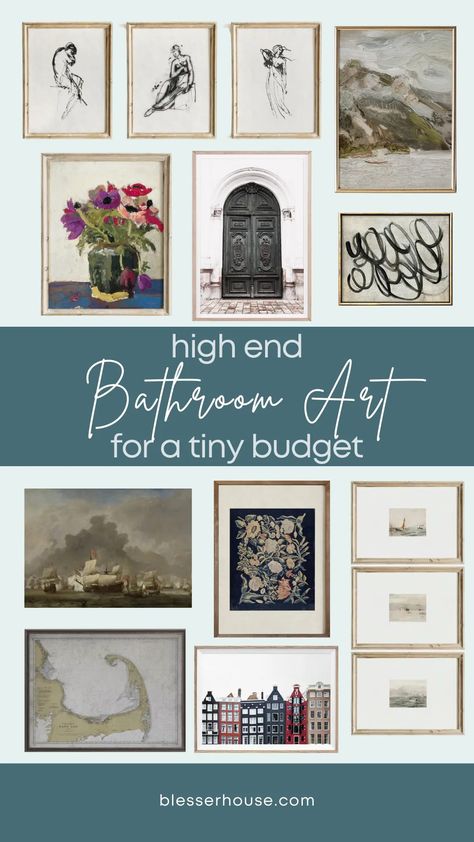 Picture In Bathroom Ideas, Vintage Bathroom Photos, Small Bathroom Traditional Decor, Powder Room Framed Art, Best Bathroom Art, Art Over Tub Master Bath, High End Wall Decor, Vintage Modern Bathroom Art, Luxury Bathroom Wall Art