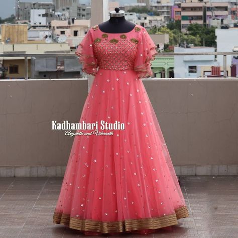 This  out fit is Available@12800 from house of Kadhambari. We can customize the colour and size as per your requirement.  We have… Hands Designs For Long Frocks, Cloth Designing, Long Churidar, Long Frok, Organza Anarkali, Baby Lehenga, Party Wear Frocks, Trending Dress, Umbrella Dress