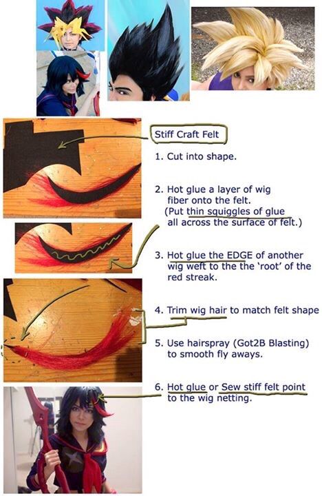 "I love gravity defying wigs! With anime Cosplay it's almost unavoidable. I have gotten many questions about what I did for the 'red streak' on # RyukoMatoi   The material I used is STIFFENED FELT Aka Easy felt or EZ felt. Found at many craft stores.  The reason I like it more then craft foam is because you can sew or hot glue felt without it ripping and bubbling and it stays rigid.   I started using stiff felt back in 2008 for my gravity defying wigs and it is still my #1 choice " Straight Hair Men, Cosplay Wig Tutorial, Cosplay Hacks, Diy Cosplay, Costume Tutorial, Wig Styling, Art Costume, Cosplay Tutorial, A Hairstyle