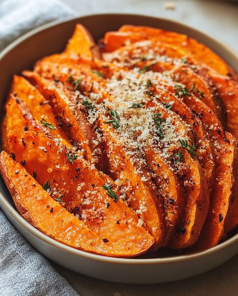 Crispy Garlic Parmesan Sweet Potatoes bring together the natural sweetness of roasted sweet potatoes with the sharp, savory notes of garlic and Parmesan. This combination creates a mouthwatering side dish that is both crispy and tender, making it a great accompaniment to any main course. This dish is simple to prepare and versatile, perfect for weeknight dinners or even holiday gatherings. The golden-brown exterior, paired with fragrant herbs and freshly grated cheese, makes these roasted ... Garlic Parmesan Sweet Potatoes, Parmesan Sweet Potatoes, Sweet Potato Recipes Roasted, Seared Ahi, Crispy Garlic, Parmesan Crusted, Potato Fries, Fried Potatoes, Grated Cheese