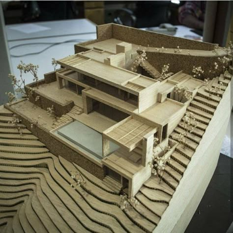 Maquette Architecture, Slope House, Concept Models Architecture, Model Architecture, Hillside House, Wooden Architecture, Wood Architecture, Arch Model, Architectural Model