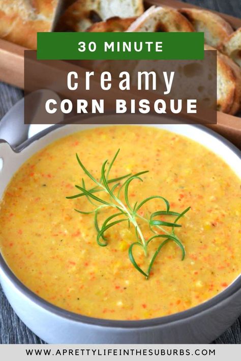 Creamy Corn Bisque Corn Bisque Soup, Cream Of Corn Soup, Great Vegetarian Meals, Corn Bisque, Corn Chowder Soup, Bisque Soup Recipes, Curry Chili, Bisque Soup, Recipe Paper