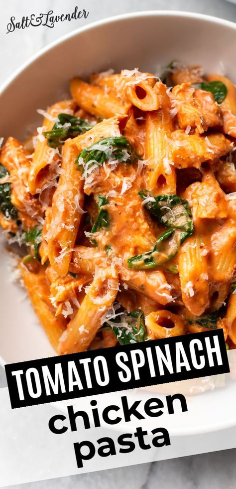 Tomato Spinach Chicken Spaghetti, Easy Weeknight Dinners Pasta, Shredded Chicken And Spinach Recipes, Easy Dinner For One Healthy, Easy Dinner Recipes With Vegetables, Healthy Rotini Pasta Recipes, Red Meat Dinner Ideas, College Dinner Ideas Healthy, Recipes With Roma Tomatoes