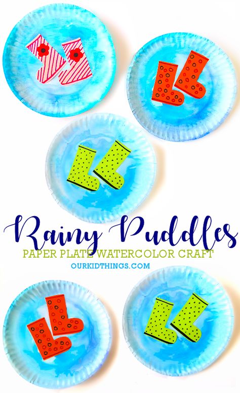 Paper Plate Watercolor Puddle Craft Raincoat Craft For Preschool, April Showers Bring May Flowers Crafts For Toddlers, Rainboot Craft Preschool, Spring Umbrella Craft, April Shower Crafts For Kids, Toddler Umbrella Craft, Puddle Craft Preschool, Umbrella Craft For Toddlers, April Showers Toddler Crafts