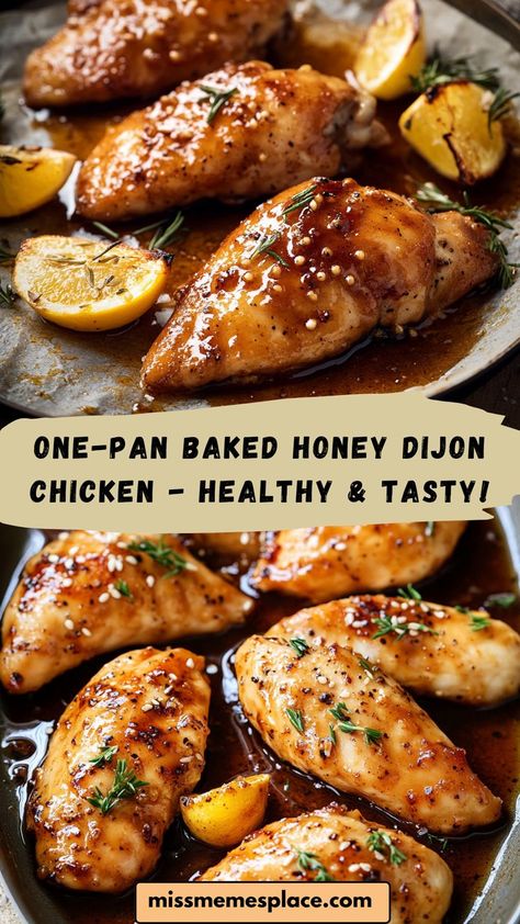 This One-Pan Baked Honey Dijon Chicken is a healthy, easy-to-make meal with tender chicken, drizzled in a sweet and tangy honey mustard glaze. Bursting with flavor, this dish is perfect for anyone looking for a quick dinner option that’s both nutritious and delicious. Clean-up is a breeze, and the whole family will love the blend of honey, Dijon mustard, and herbs. Ideal for busy weeknights or simple meal prep, this recipe will soon be a household favorite! Easy 1 Pan Chicken Dinners, Roasted Honey Dijon Chicken Bowl, Honey Mustard Pecan Crusted Chicken, Healthy Dinner Recipes Half Baked Harvest, Easy Clean Chicken Recipes, Yummy Chicken Seasoning, Healthy Chicken Glaze, Honey Mustard Chicken Bowl, Paleo Honey Mustard Chicken