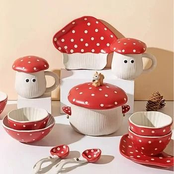 Mushroom Ceramic Mug Cartoon Hand Painted Mushroom Dinnerware Red Mushroom Plate Bowl Spoon Personalized Kitchen Tableware - AliExpress Merry Mushroom Kitchen, Red Mushroom Kitchen Decor, Mushroom Mug Ceramics, Ceramic Mushrooms Mug, Mushroom Mug With Lid, Mushroom Kitchen, Kitchen Tableware, Red Dinnerware, Red Mushroom