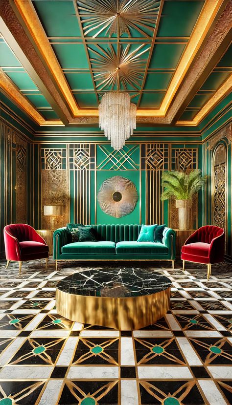 Luxurious Art Deco interior with velvet sofa, ruby-red armchair, gold trim, and geometric wall panels. Gatsby Style Interior, Art Deco Theatre Interior, Italian Art Deco Interior, Great Gatsby House Interior, Art Deco Floor Pattern, Art Nouveau Style Interior Design, 1920s Decor Interior Design, Gold Green Aesthetic, 1920s Art Deco Aesthetic