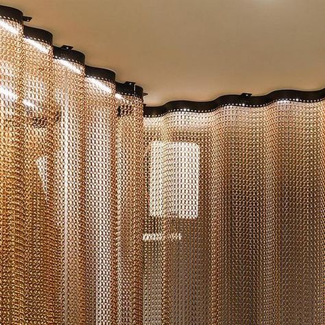 Metal Fabric - Undulating Space Dividers from Kriskadecor Metallic Interior Design, Metal Screen Design, Metallic Curtains, Fabric Partition, Metalic Fabric, Fabric Divider, Metal Divider, Fabric Interior Design, Space Divider