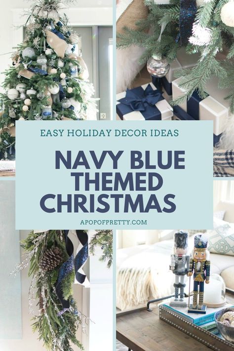 How to decorate for the holidays beautifully using gorgeous non-traditional navy blue!  Lots of great Christmas decorating ideas for this regal shade of blue, including mantel decor, Christmas tree decor and more.#navybluedecor #christmastreedecor #christmasdecoratingideas Blue Themed Christmas, Navy Blue Christmas Decor, Blue Christmas Decor Ideas, Mantel Decor Christmas, Blue Christmas Tree Decorations, Navy Blue Christmas, Navy Blue Decor, Simple Holiday Decor, Navy Christmas