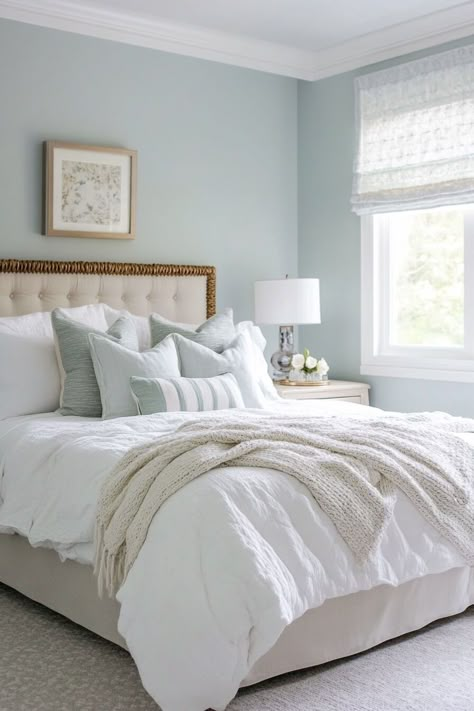 bedroom painted with sherwin williams sea salt with white bedding on bed Sea Salt Boho Bedroom, Sea Salt Accent Wall Bedroom, Serenely Sherwin Williams Bedroom, Tidewater Sherwin Williams Bedroom, Sea Salt Coordinating Colors Bedroom, Sherwin Williams Watery Bedroom, Sky High Paint Sherwin Williams, Coastal Bedrooms Paint Colors, Sherwin Williams Coastal Color Palette