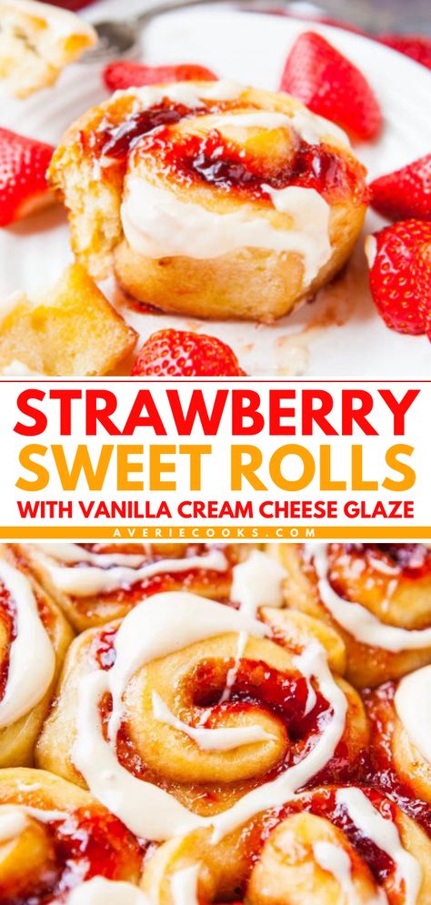 Try this yeast roll recipe! Filled with strawberry jam and topped with vanilla cream cheese glaze, these sweet rolls are the perfect summer breakfast idea. Thanks to an overnight option, they're great to make ahead of your summer brunch party! Strawberry Sweet Rolls, Jam Roll, Strawberry Cinnamon Rolls, Fluffy Rolls, Vanilla Cream Cheese, Strawberry Breakfast, Sweet Roll Recipe, Cream Cheese Rolls, Breakfast Rolls