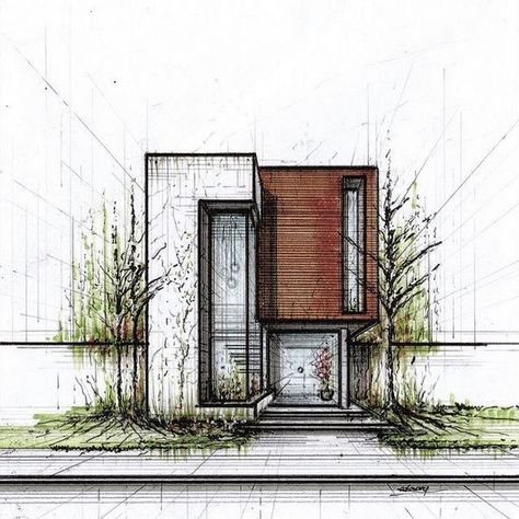 Exterior Sketch Design: Bridging Dreams and Realities Facade Sketch Architecture, Elevation Concept, Elevations Design, Exterior Elevation Design, Modern Residential Building, Home Sketch, Interior Architecture Sketch, Arch Sketch, Elevation Ideas