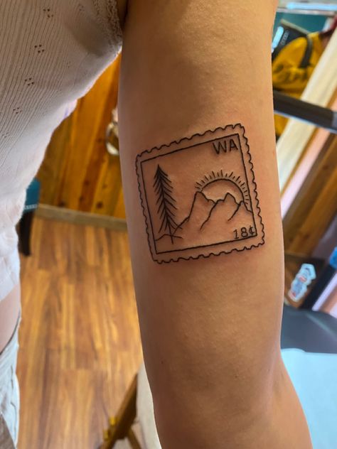 Forks Washington Tattoo, Oregon Postage Stamp, Washington Tree Tattoo, Small Oregon Tattoo, Stamp Tattoos For Women, Tree Stamp Tattoo, Washington State Inspired Tattoo, Washington Inspired Tattoos, Notepad Tattoo