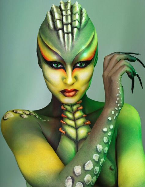 Alien Body Painting, Alien Prosthetic Makeup, Bowser Makeup, Bald Cap Makeup, Reptile Makeup, Lizard Makeup, Frog Makeup, Snake Makeup, Black Contact Lenses