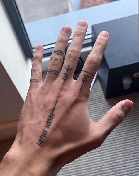 Nordic Runes Tattoo Hand, Viking Rune Hand Tattoo, Runic Finger Tattoos, Norse Finger Tattoos, Nordic Finger Tattoo, Atreus Hand Tattoo, Hand Tattoos For Man, Rune Hand Tattoo, Small Tattoo Man