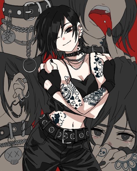 Goth Oc Art Girl, Goth Girl Animes, Goth Girl Character Design, Tattooed Woman Aesthetic, Emo Girl Art, Emo Girl Drawing, Goth Character Art, Goth Art Drawing, Goth Oc Art