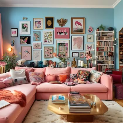 Eclectic Decor Gallery Wall, Gallery Wall Different Color Frames, Pink Couch Decor Living Room, Bright Girly Living Room, Maximalist Accent Chair, Funky Home Decor Bohemian, Bright Color Gallery Wall, Eclectic Wall Collage, Pastel Eclectic Living Room